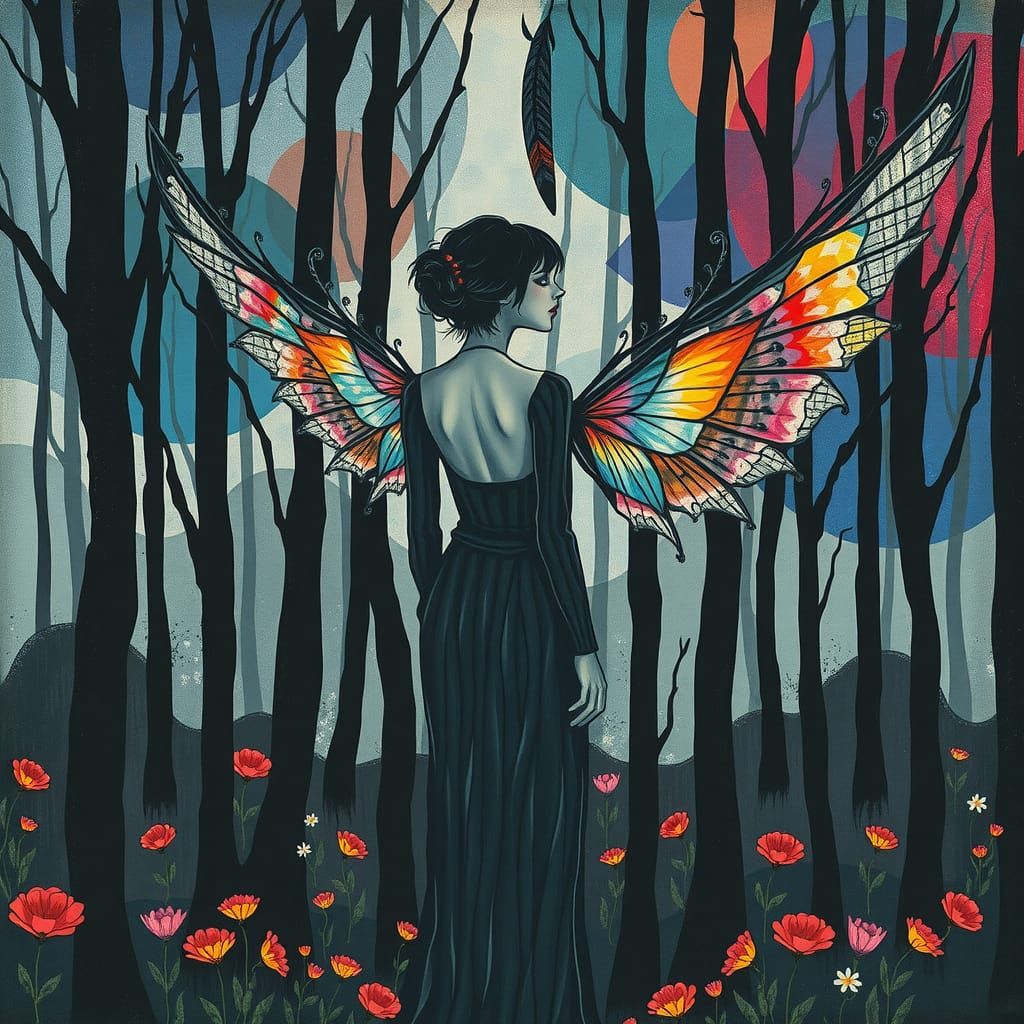 Cubist Goth Woman with Geometric Wings in Mystical Forest