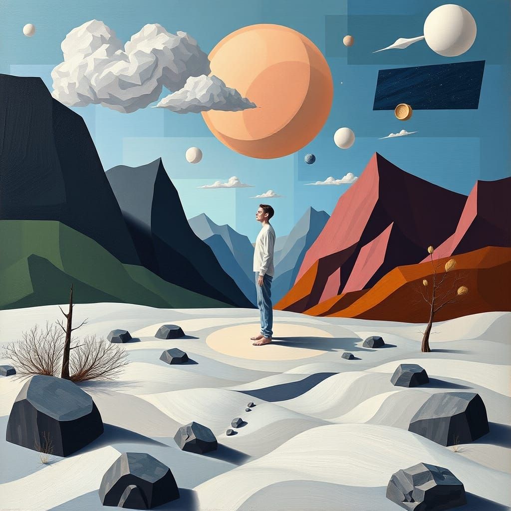 Surreal Cubist Figure in Dreamlike Landscape