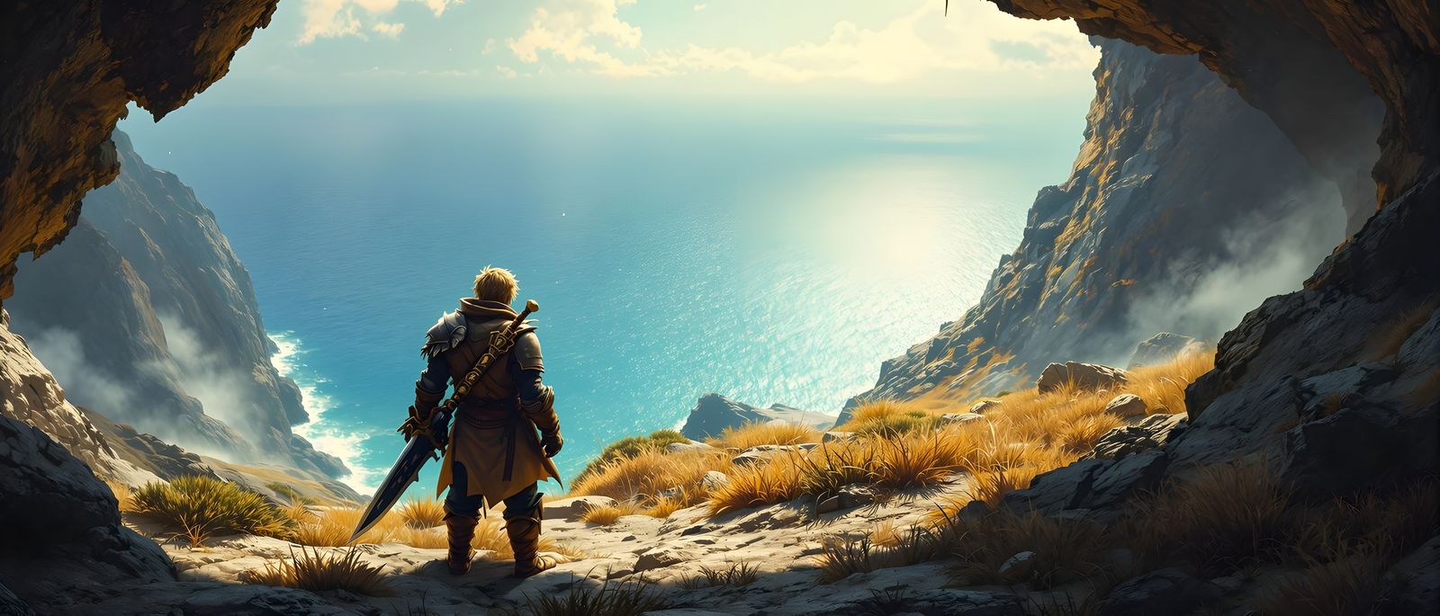 90s JRPG Adventurer Overlooking Ocean Plateau