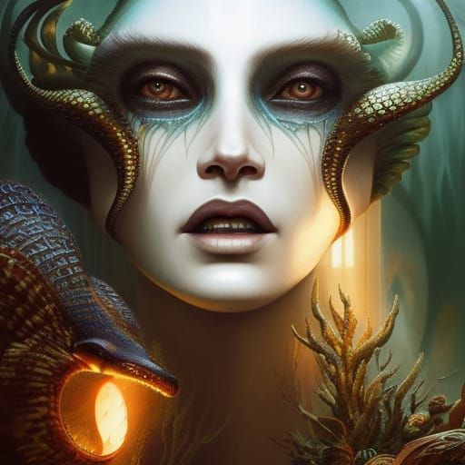 Mermaid Demon in Underwater Temple, Hyperrealistic Art