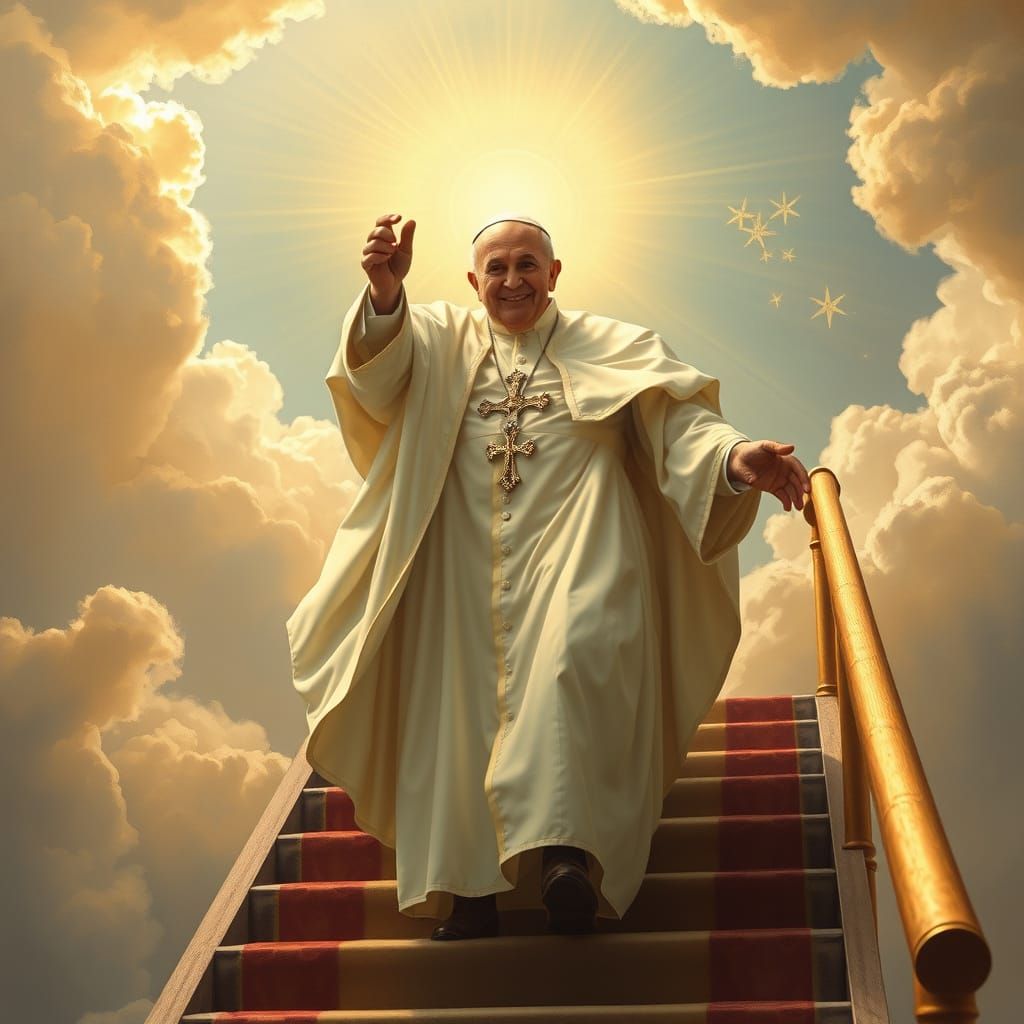 Pope Ascends Celestial Staircase in Divine Light