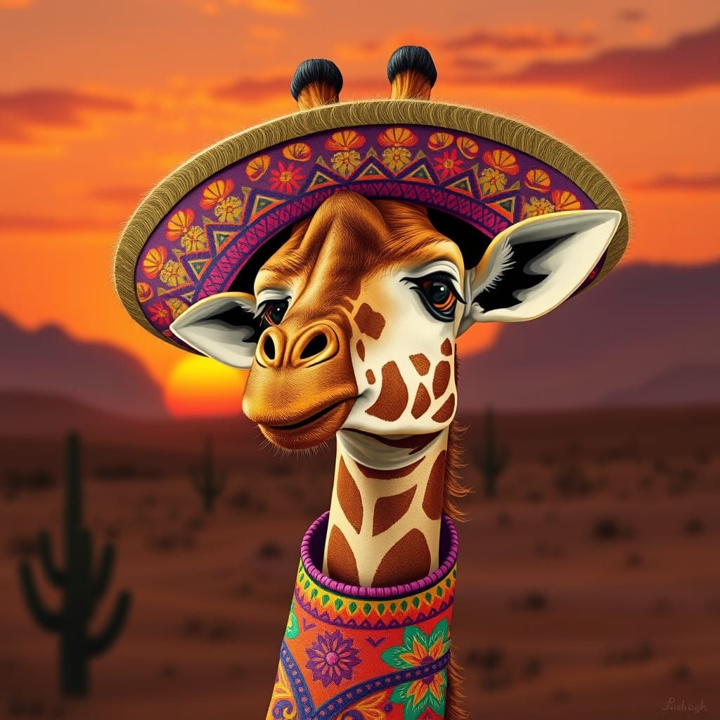 Giraffe Celebrates in Sombrero, Digital Art