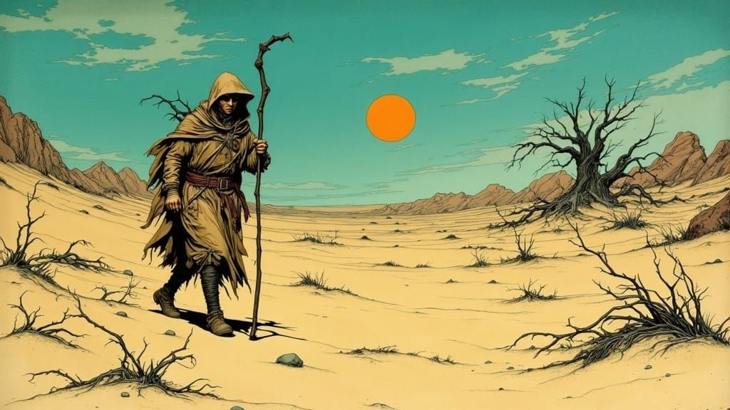 Weary Traveler in Surreal Desert Landscape