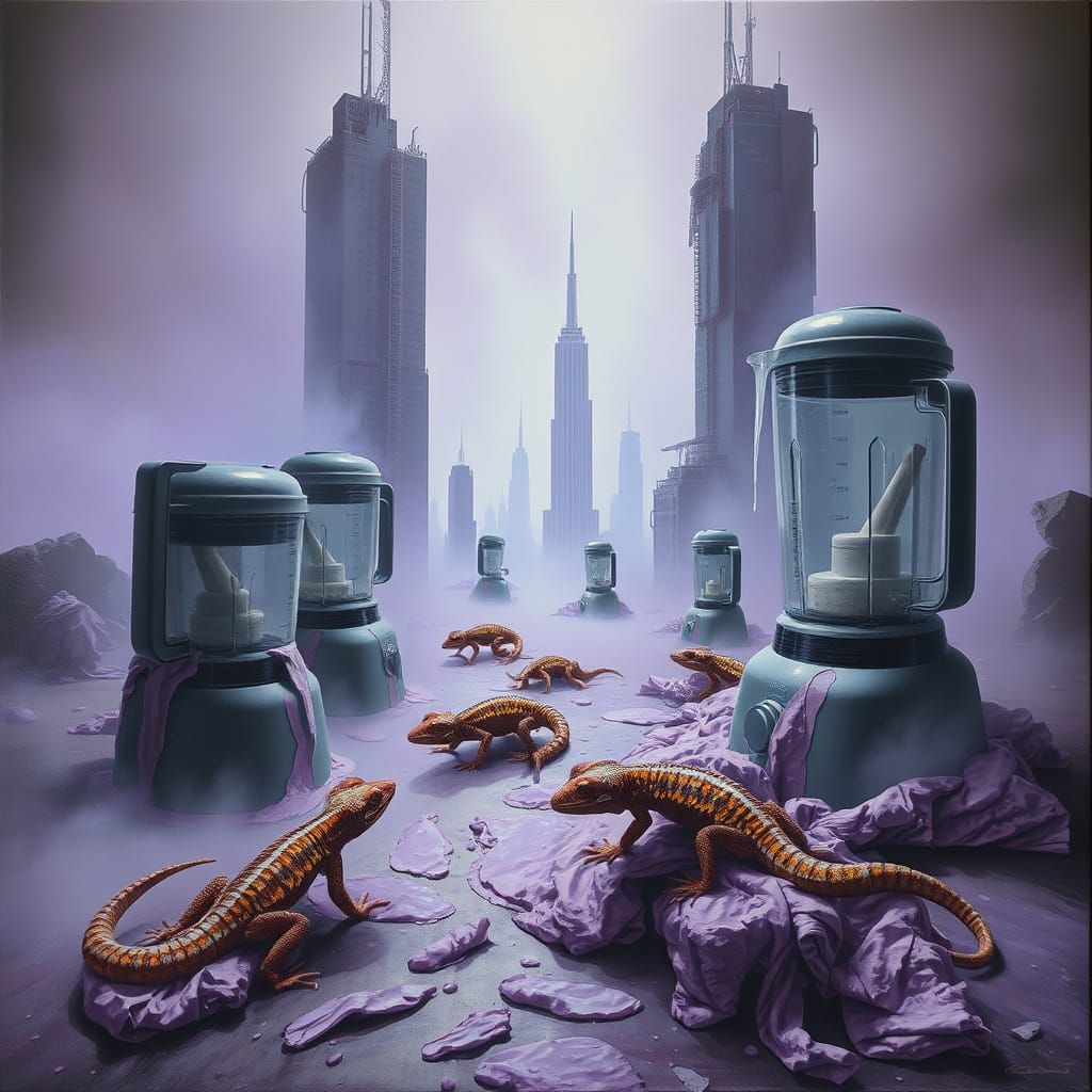 Surrealistic Dreamscape with Melting Cityscape and Iridescen...