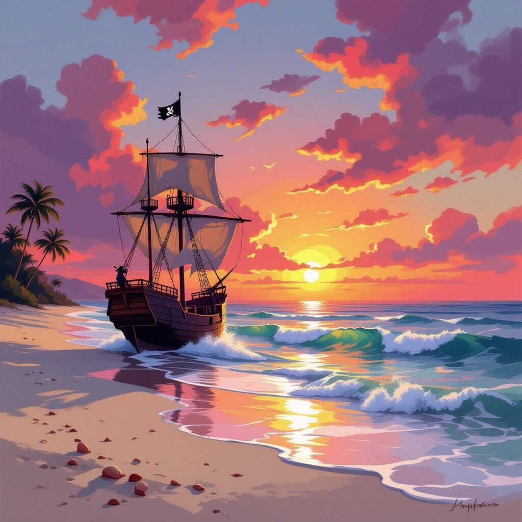 Pirate Ship at Sunset: An Impressionist Seascape