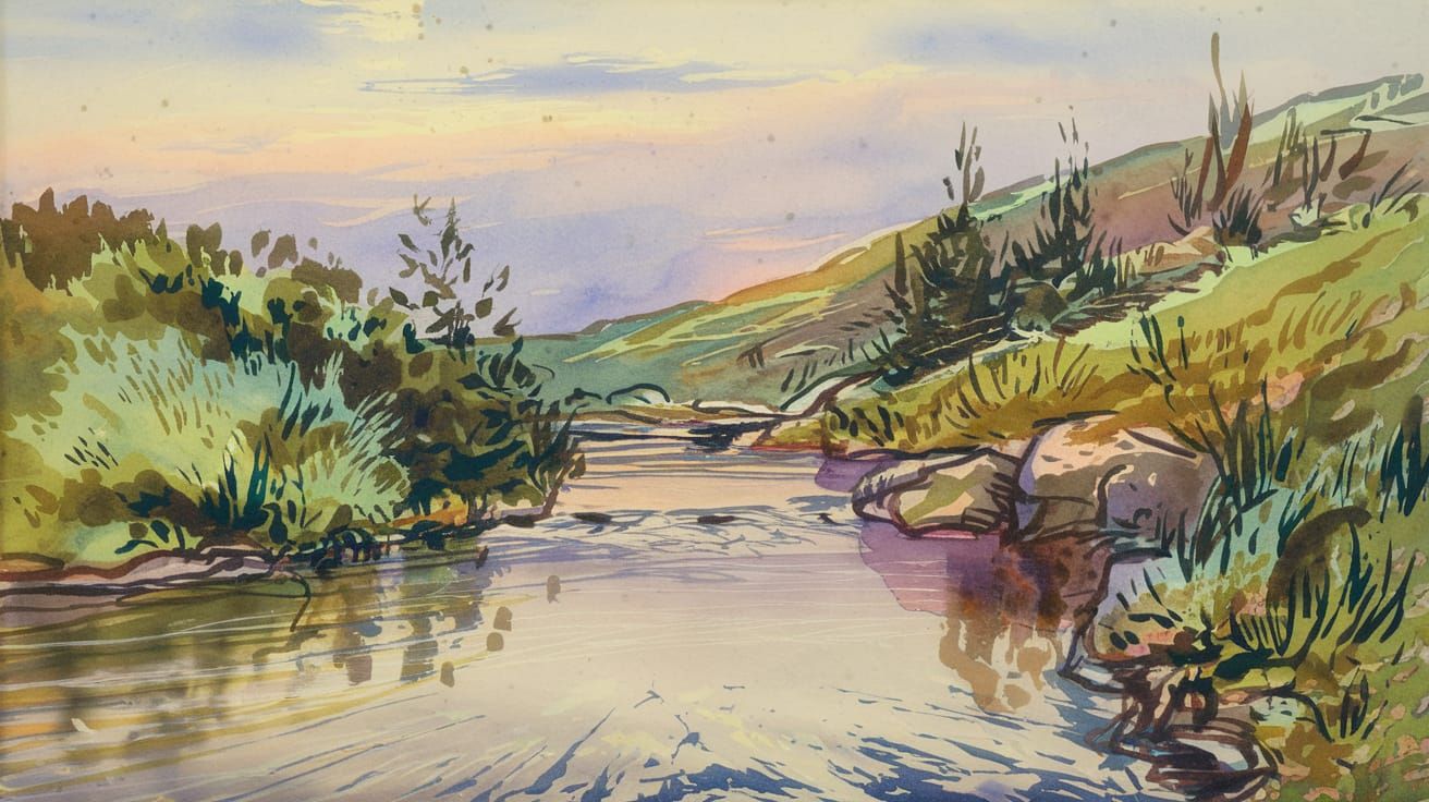 Watercolor Mountain Stream Landscape in Style of Masters