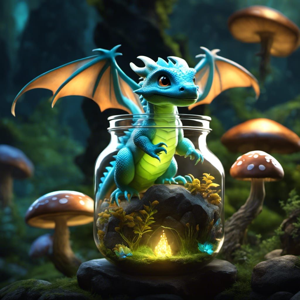 Cute Baby Dragon in a Jar, Storybook Style
