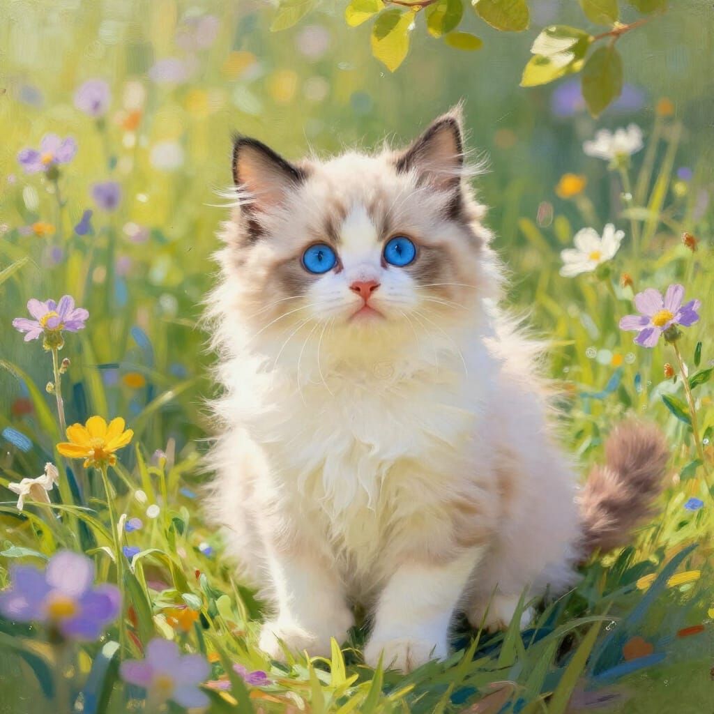 Fluffy Kitten in Sunlit Meadow, Impressionist Style