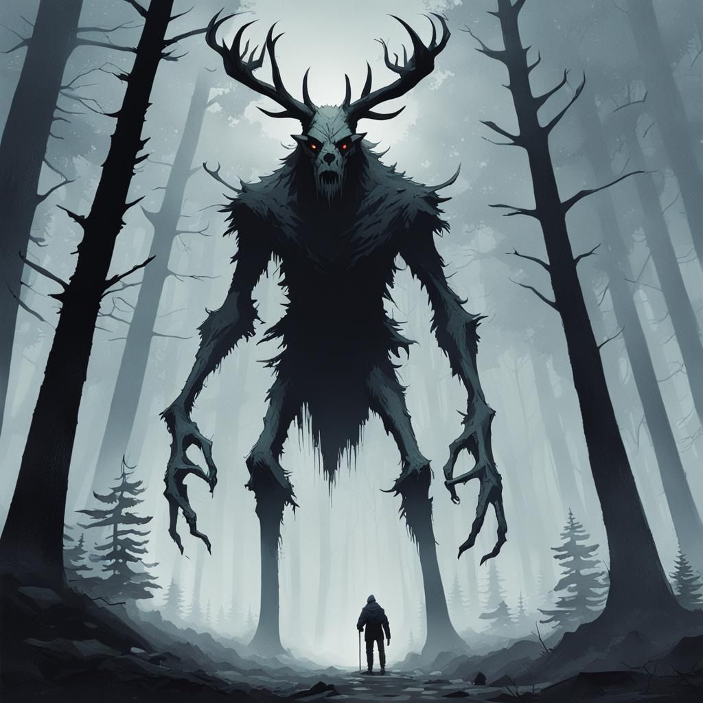 Sinister Wendigo Stares Down Hiker in Foggy Woods