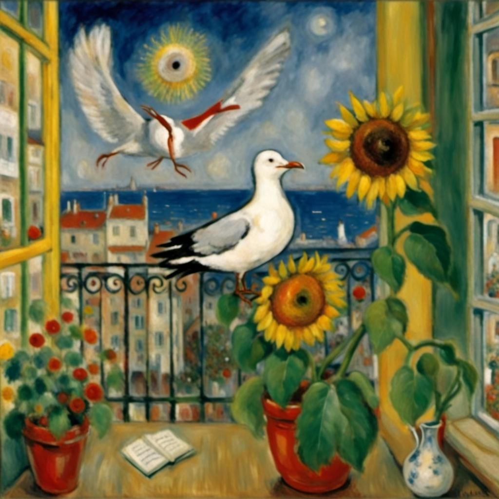 Surrealist Seagull Serenade with Sunflower, Animated Style