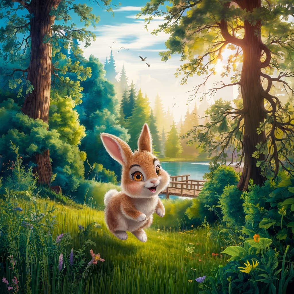 Rabbit in Fantastical Lush Green Forest