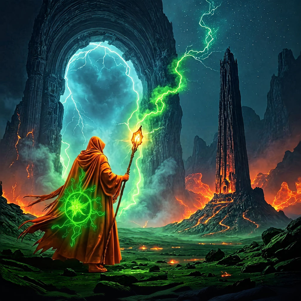 Mystical Mage Before Energy Portal in Volcanic Landscape