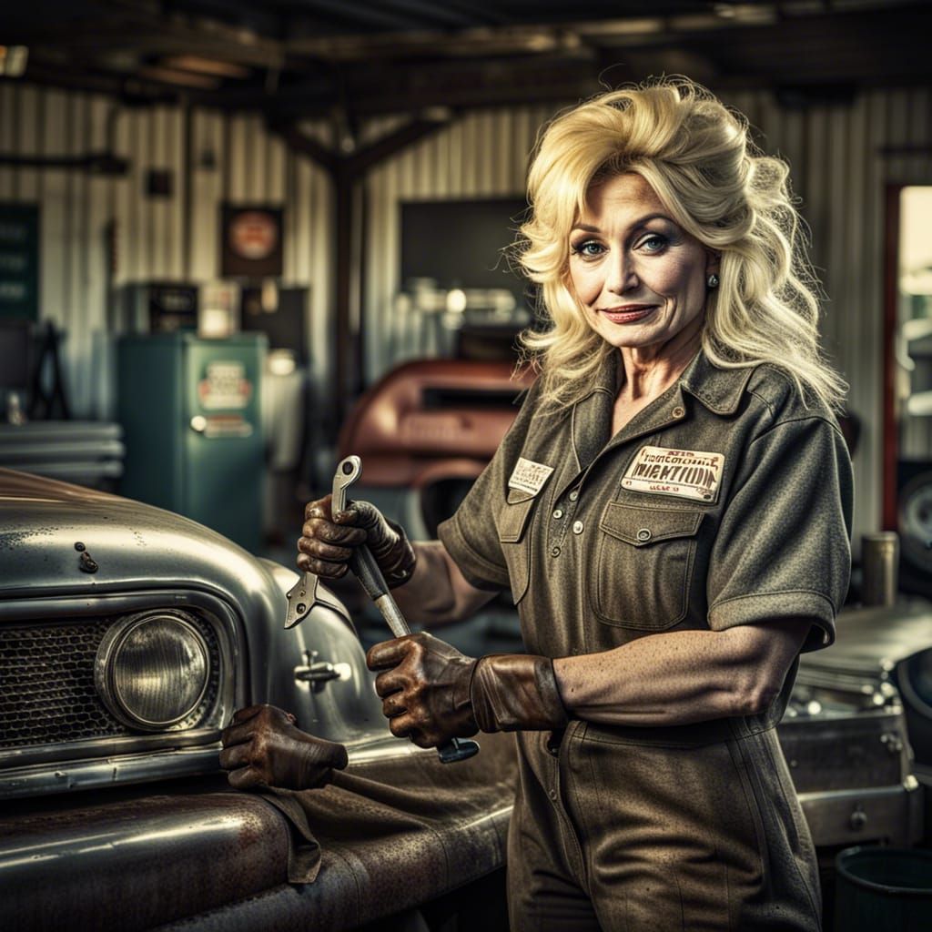 Dolly Parton Lookalike as Car Mechanic in HDR