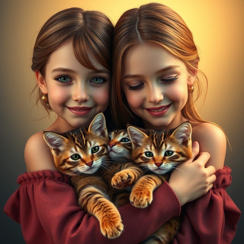 Brown-Haired Girls Hug Adorable Cats in Dreamy Landscape