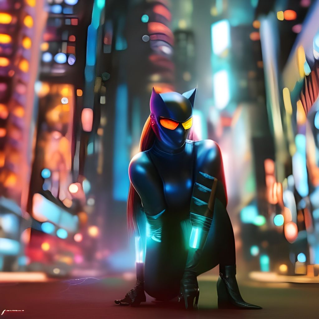Black Cat in Cyberpunk City: Detailed Matte Painting