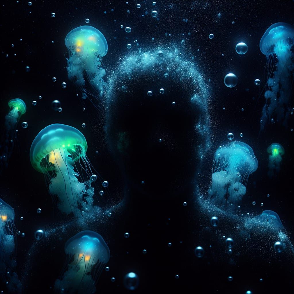 Surreal Underwater Scene with Bioluminescent Jellyfish and S...