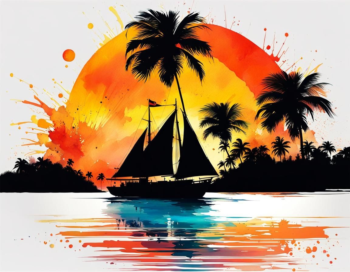 Tropical Island Sunset: Minimalist Watercolor Splash Art