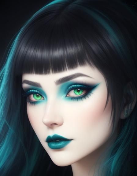 Ethereal gothic young lady with black hair with dark teal green hair highlights and bluish green eyes with cobalt blue e...