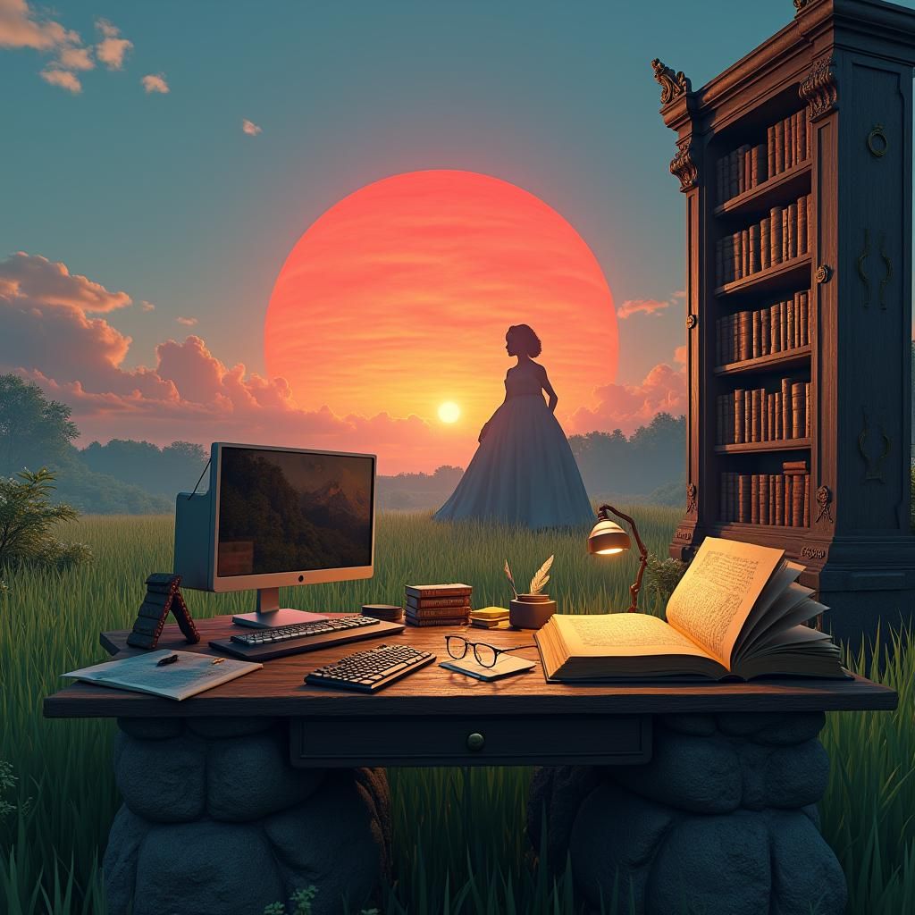 Sunset Over Field With Desk and Books
