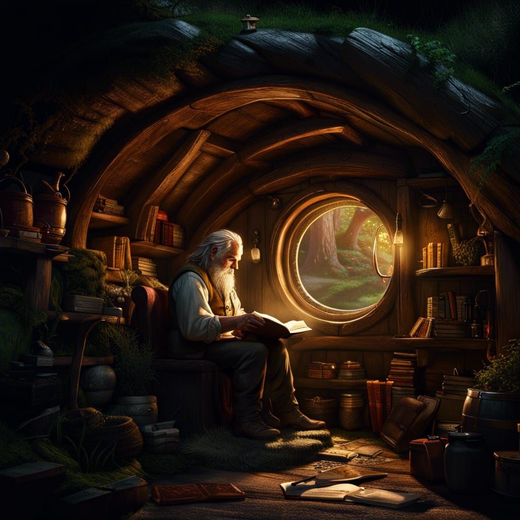 Hobbit Reading in Hobbit Hole: Dark Fantasy Art