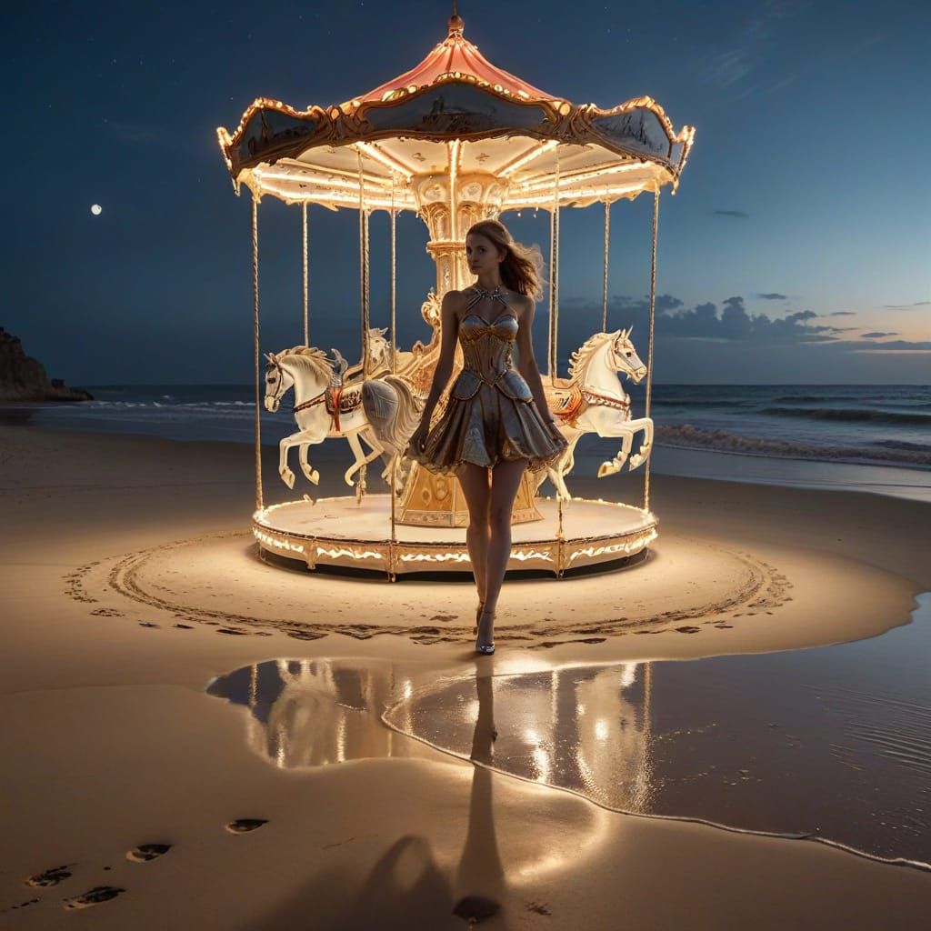 Regal Model on Moonlit Beach with Futuristic Carousel