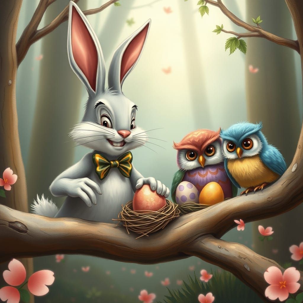 Mischievous Easter Bunny Steals Eggs from Watchful Owls in W...
