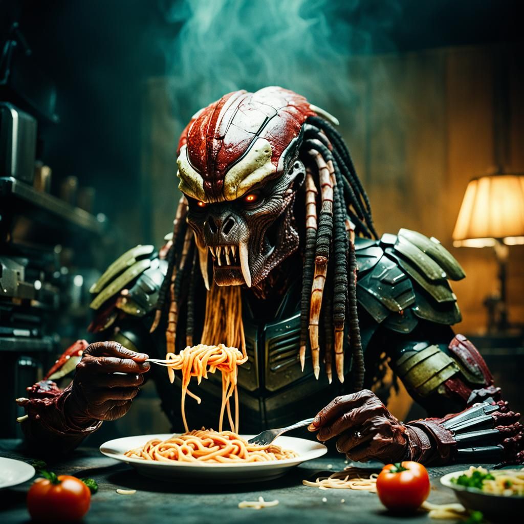 Predator Eats Spaghetti: Cinematic Film Still