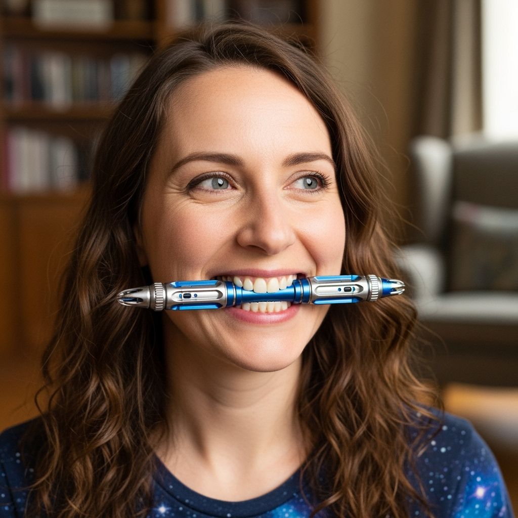 Woman Smiles With Sonic Screwdriver Fixed Between Teeth
