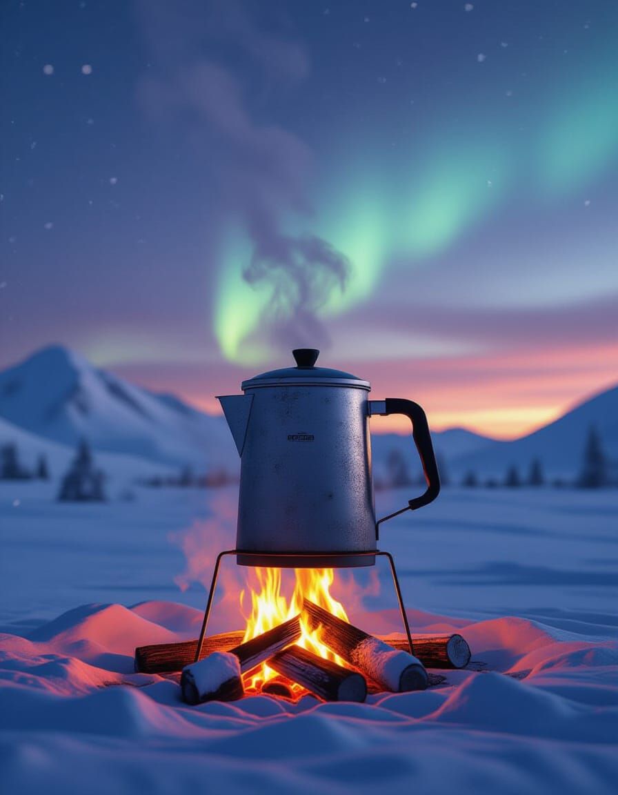 Arctic Campfire Coffee Under Northern Lights