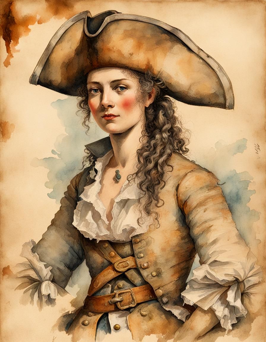 Pirate Woman Portrait on Vintage Watercolor Parchment