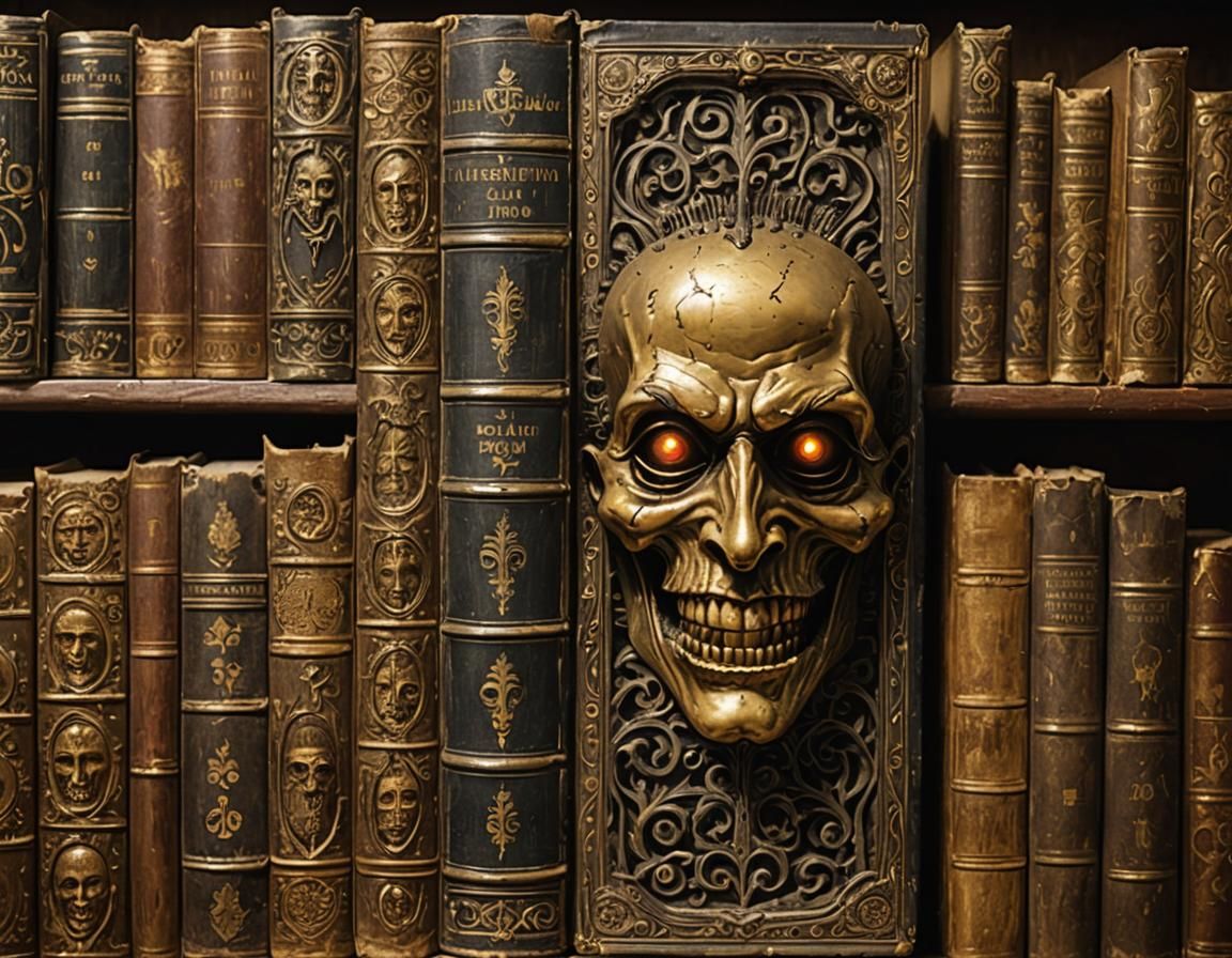 Evil Golden Face on Antique Book Spine
