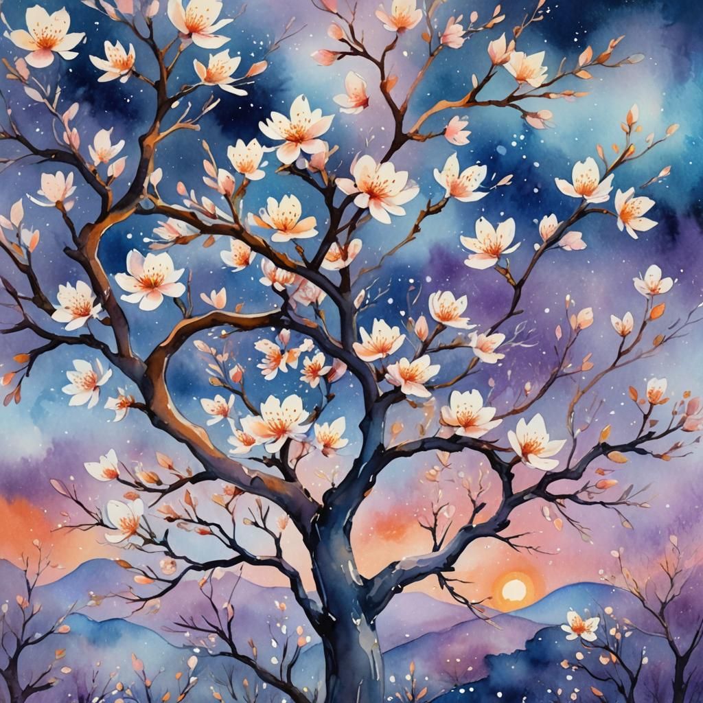 A magical almond tree in full bloom, its soft white and pink flowers set against a swirling twilight sky in shades of bl...
