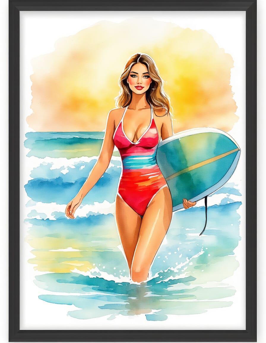 Woman in Swimsuit with Surfboard, Watercolor Art