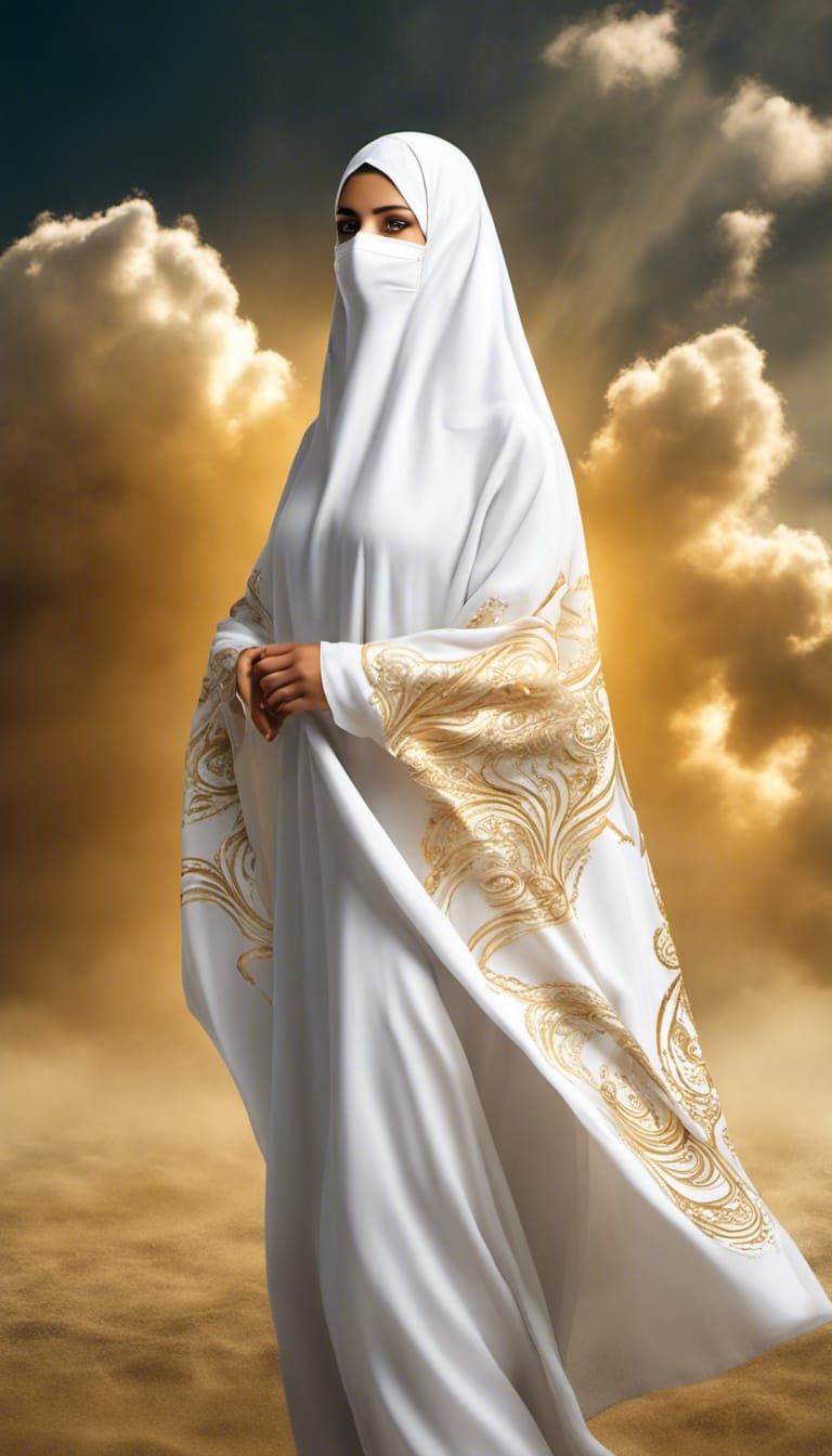 Golden Burqa on Clouds: Hyperrealistic Digital Art