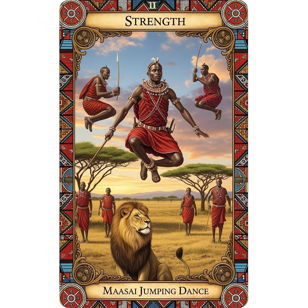 a tarot card representing  Strength using Maasai Jumping Dan...