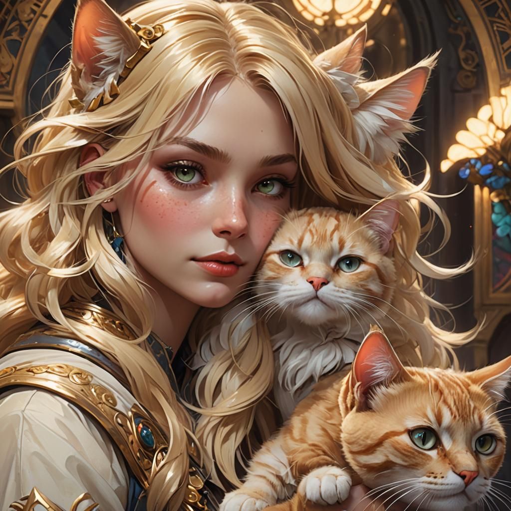 Blonde Cat and Girl Portrait in Artgerm Style