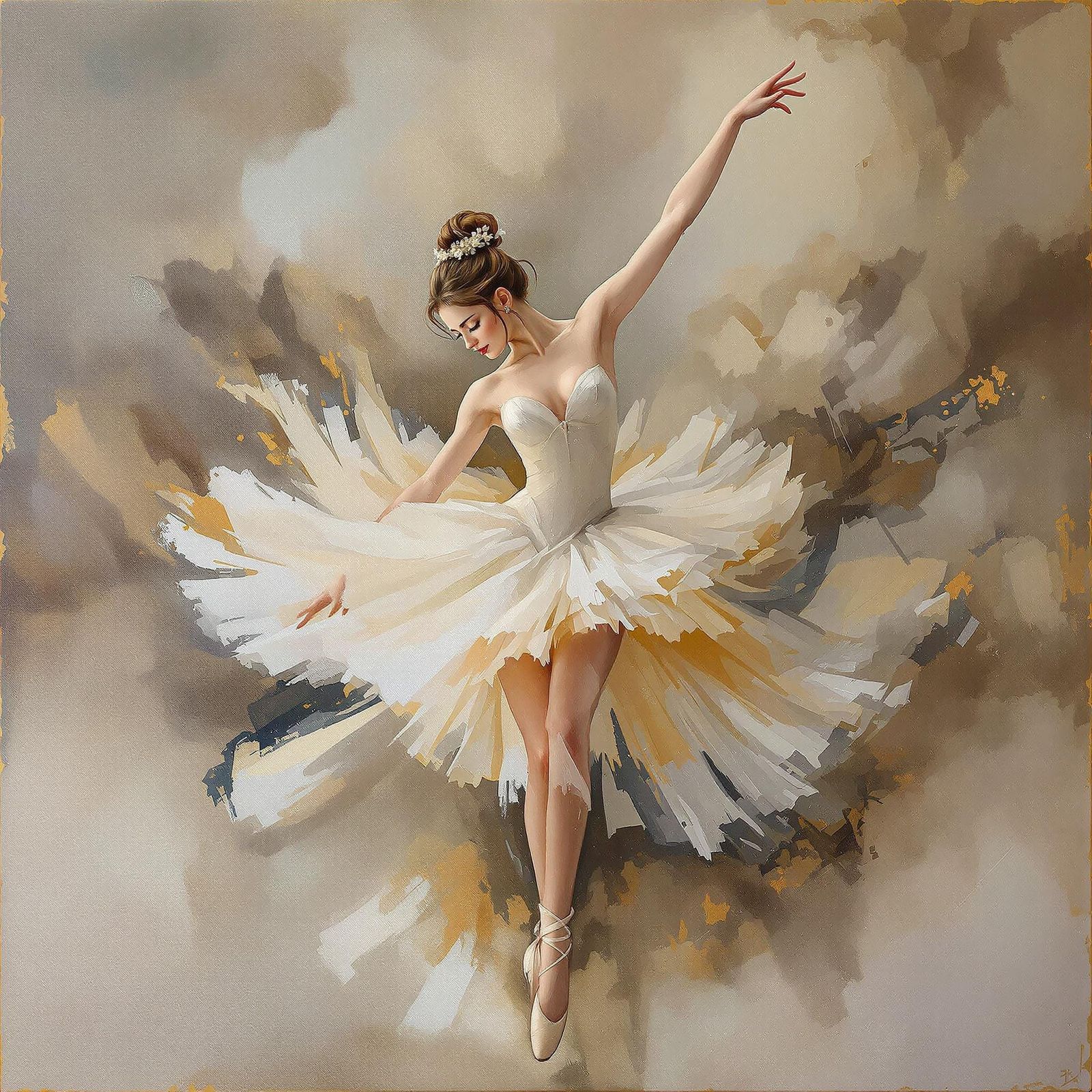 Ethereal Ballet Dancer in Earthy Tones as Oil Painting