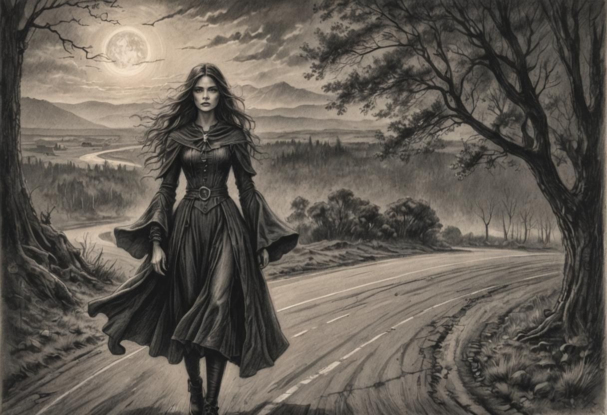 Young Witch on Road: Detailed Charcoal Drawing