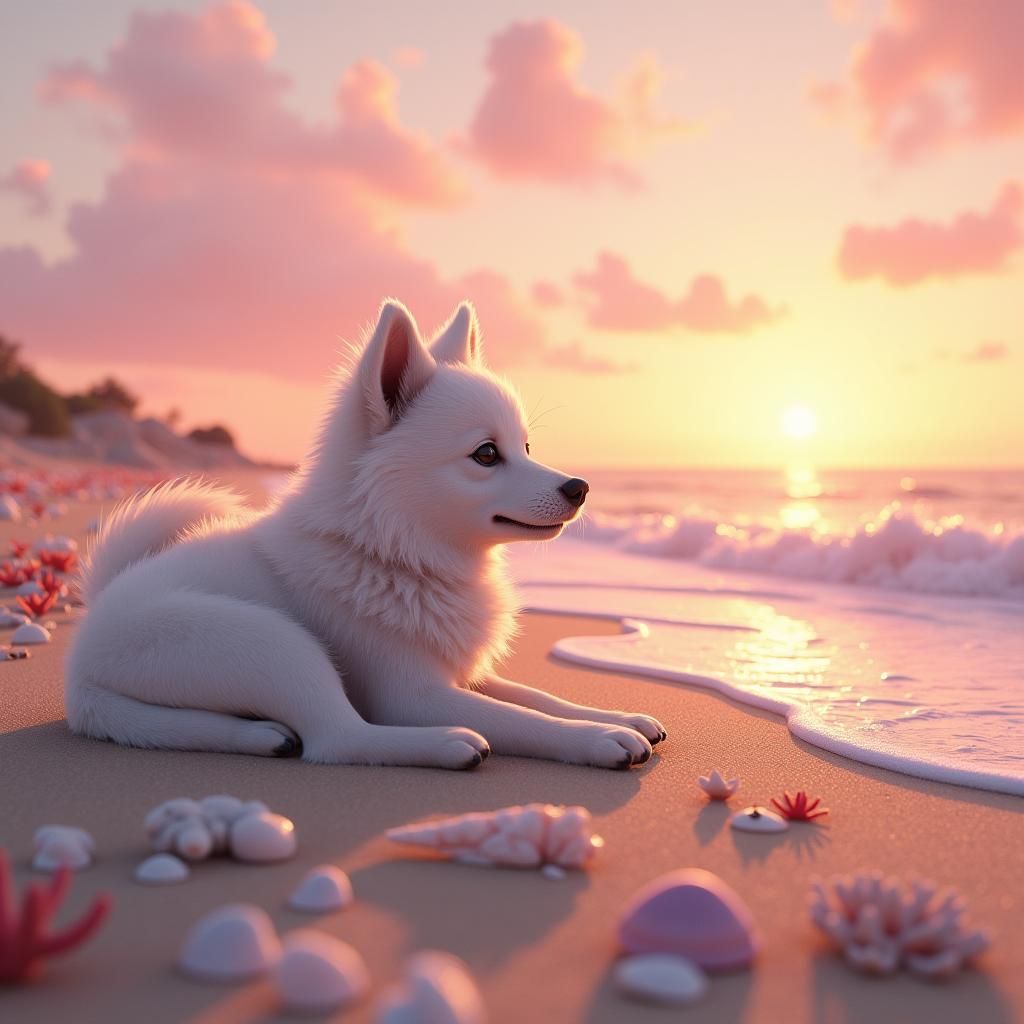 Dog Watching Pink Sunset on Beach: Matte Painting