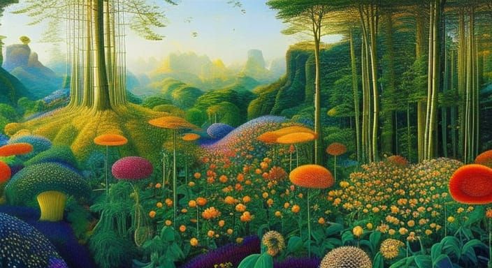 Surreal Stargazing Platform in Botanical Illustration Style