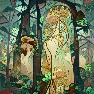 Art Nouveau Forest Painting in Mucha Style