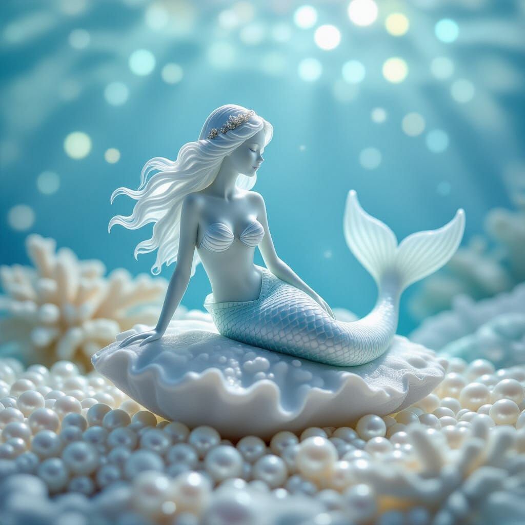 Frosted Sea Glass Mermaid Sculpture with Pearls