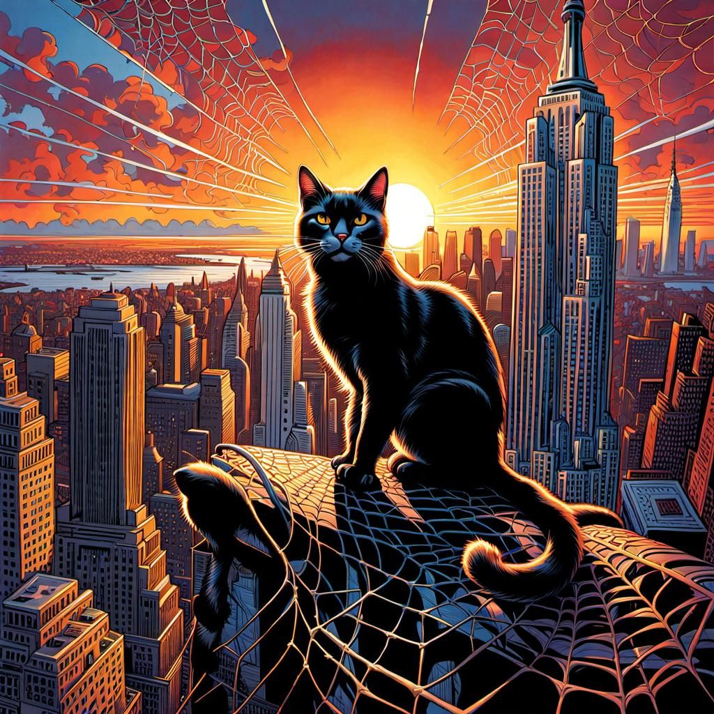 Spider-Cat Swings Through New York Sunset
