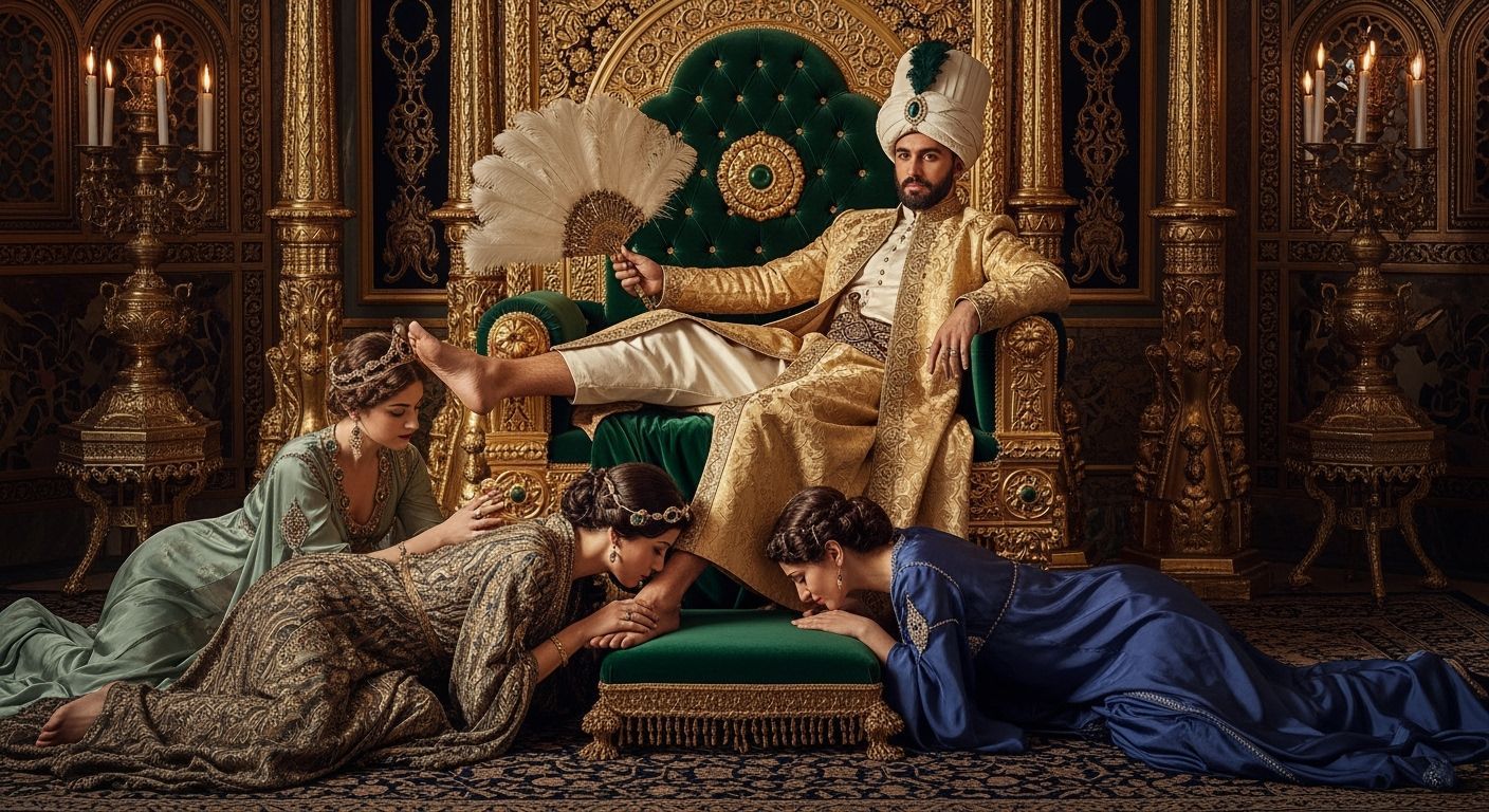Ottoman Sultan on Jeweled Throne in Harem