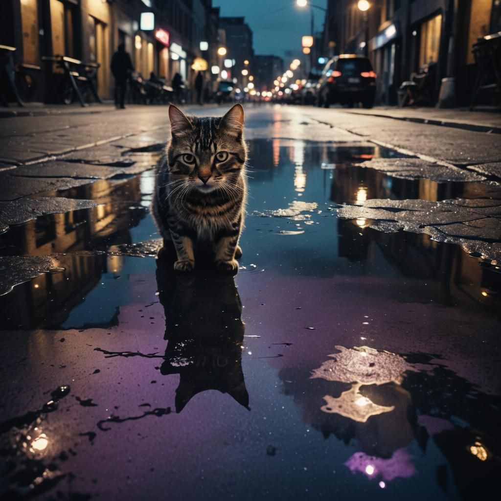Cat Stargazing in City Puddle: Film Noir Style
