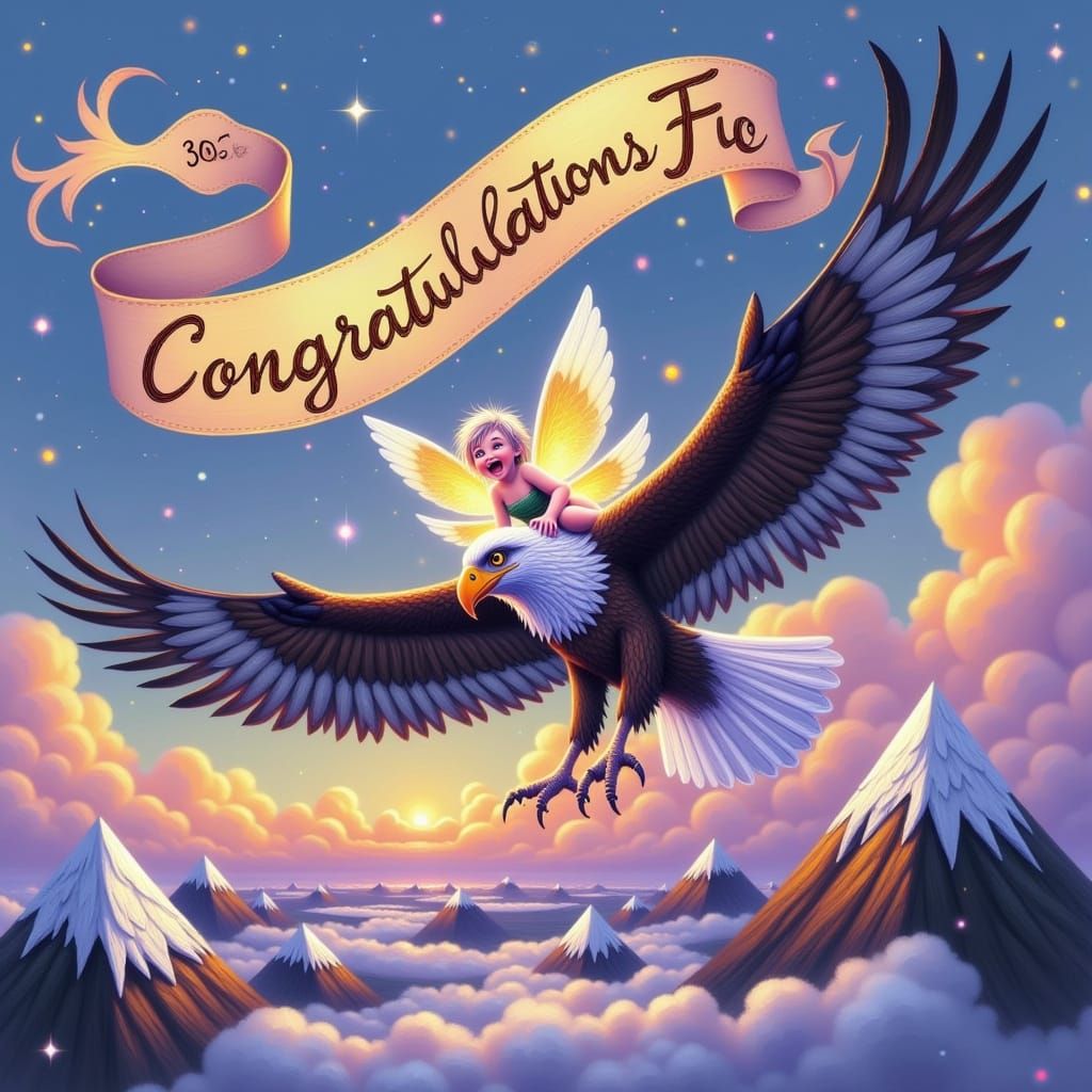 Pixie Rider on Eagle with Banner in Sky