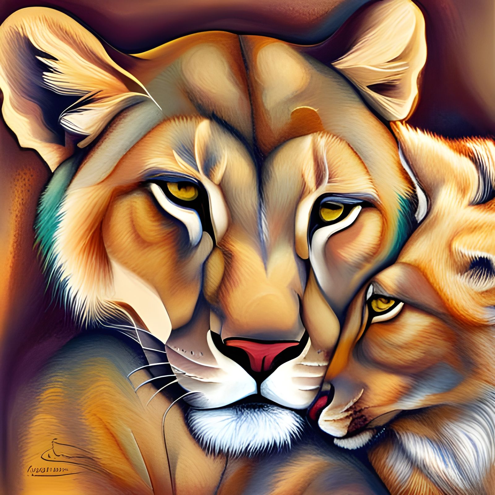 Lioness Cuddling Young Deer in Abstract Art