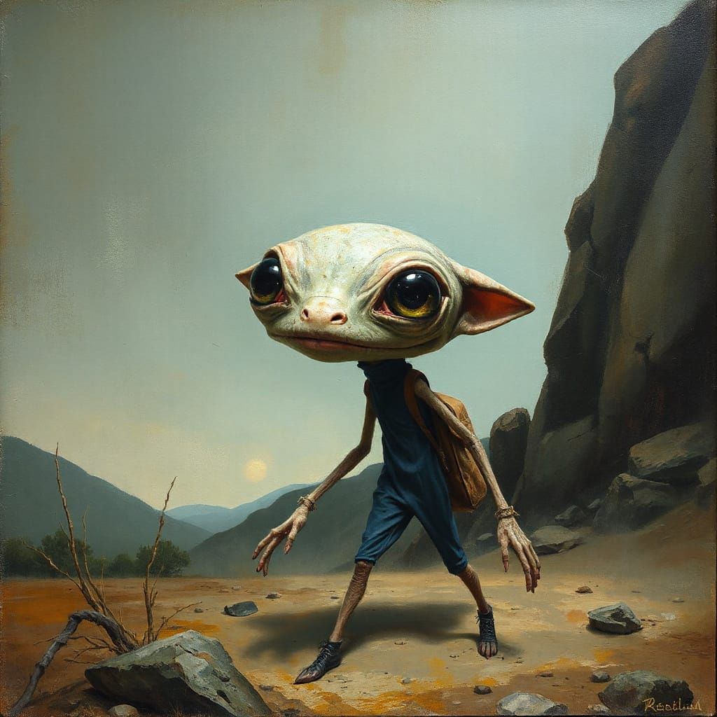 Surreal Wanderer with Alien Eyes in Dreamlike Sci-Fi Landsca...