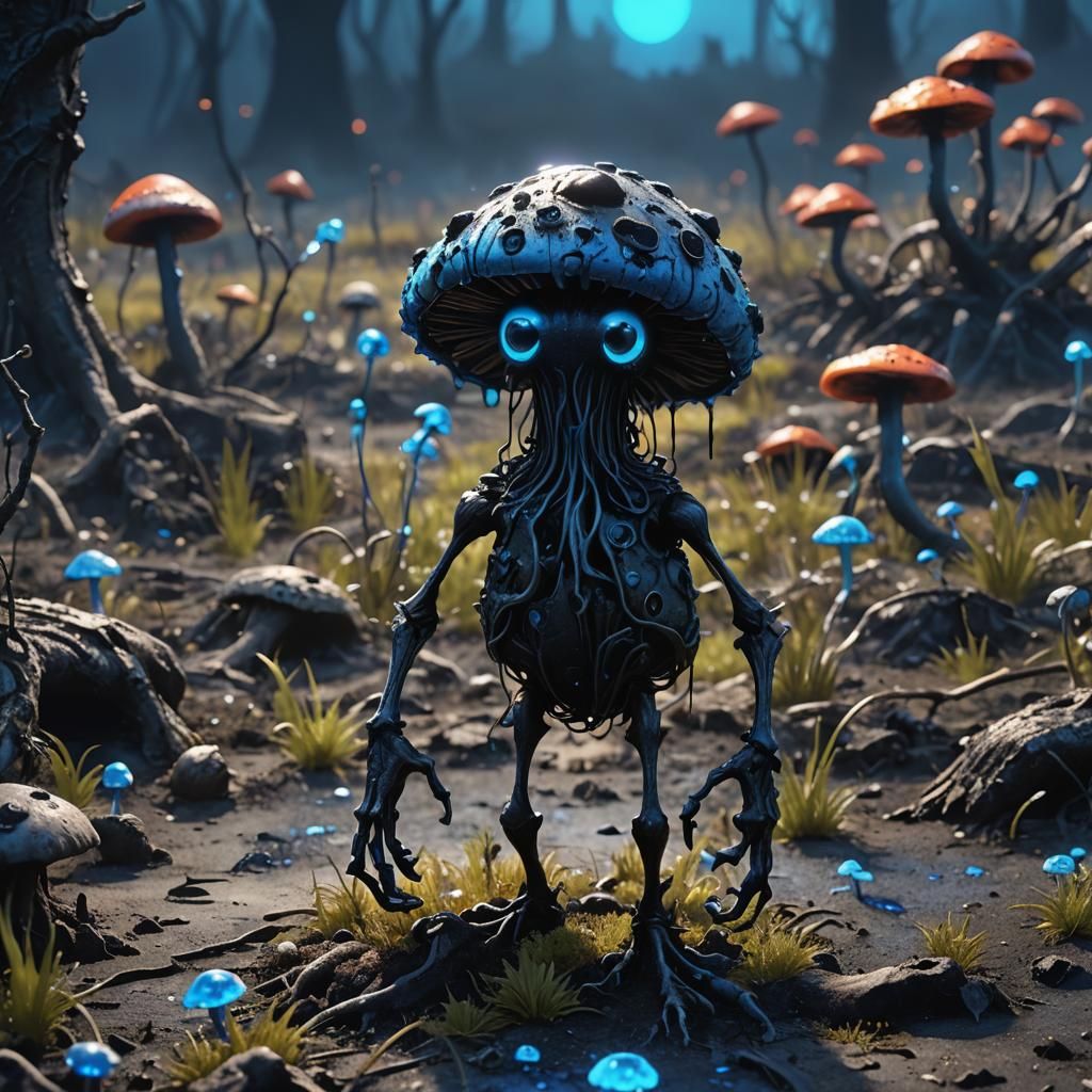 Fungal Creature in Charred Field: Pixar-Style 3D Art