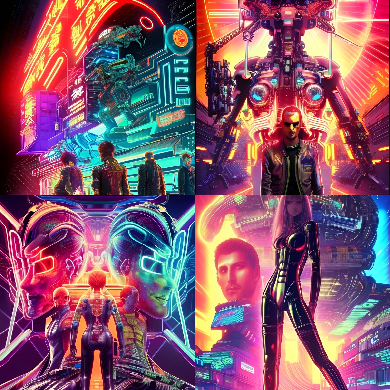 Neon Japanese Mechs in Dystopian Cyberpunk Comic Art